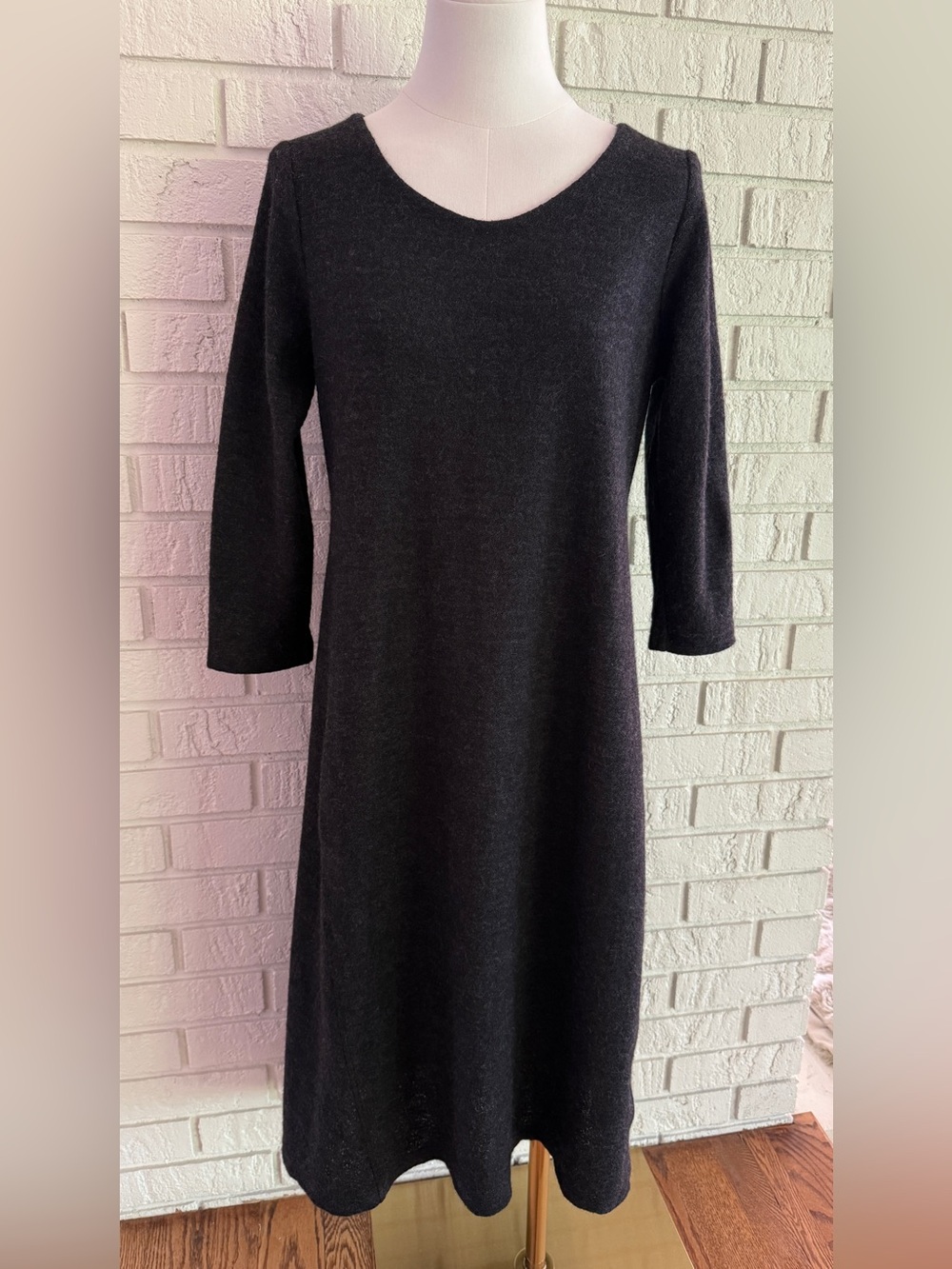Eileen Fisher 100% Wool Charcoal Gray A-Line Midi Dress Size S